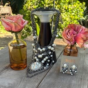 Treska NWT Elegant Silver and Pearl Necklace and Earring Set Classic Black Tie